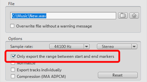 WAV Export Export dialog with the option to export the playback area