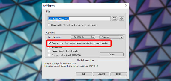 Audio export with range option Export the MIDI file as an audio file in the File menu