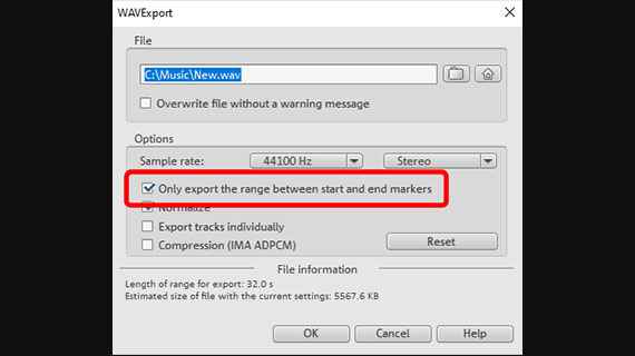 WAV file export of the playback range Export the play area as a WAV file