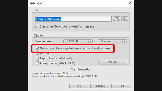 WAV file export of the playback range Export the play area as a WAV file