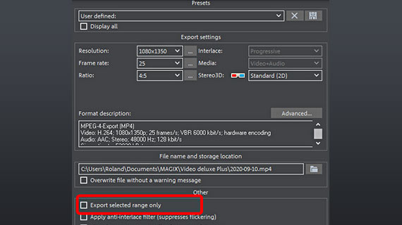 MP4 file export with optional range output Export video file in MP4 format