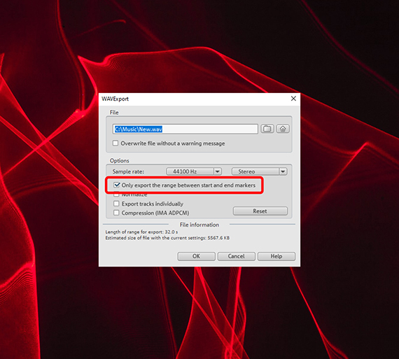 Exporting a section as a WAV file Exporting a playback range as a WAV file via the File menu