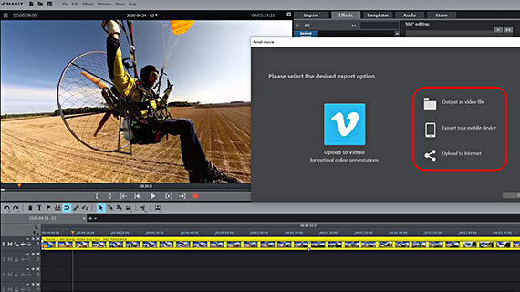 Export and upload 360 view video to smartphone "Finish movie" dialog for file export and upload