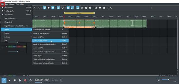 Export options in the file menu Formats for audio export