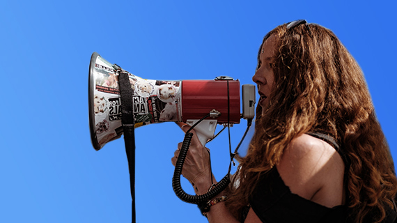 Depiction of audio dubbing using a woman with a megaphone A woman with a megaphone to illustrate the audio dubbing in postproduction