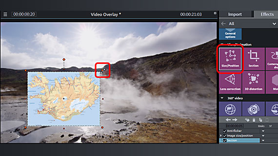 "Size/position" effect Video overlay: Modify picture size