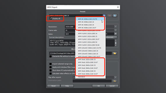 Export 4k videos as HEVC video HEVC export with 4k and web presets
