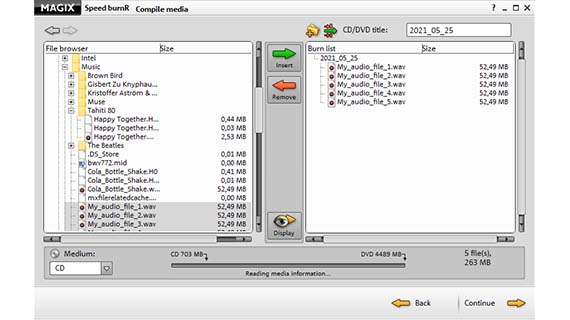 Compiling the burn list Left navigation window, right burn list