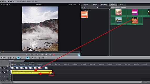 Load and trim background music Load music to the audio track and trim using the handle on right