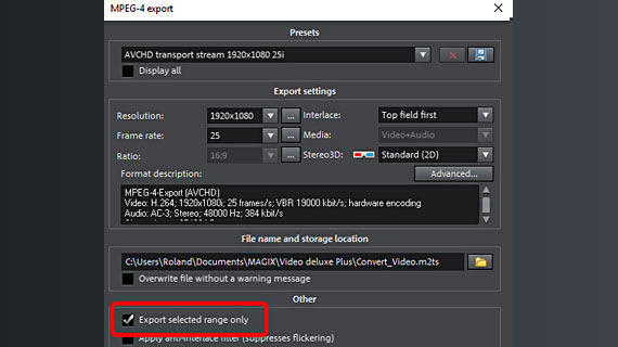 MP4 export for a range Export scene for trailer