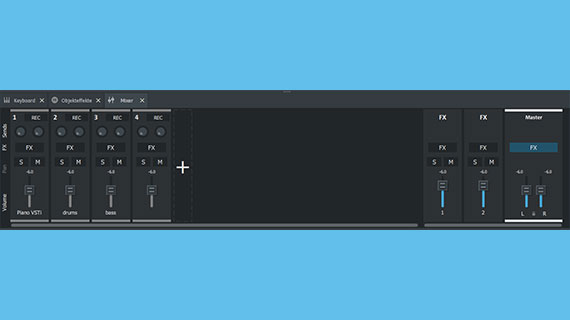 Mixer with channel strips and master section Mixer with volume faders and panorama knobs
