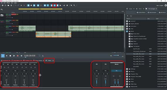 Mixer for volume and effects processing Mixer with track and master effects, volume faders and panorama knobs