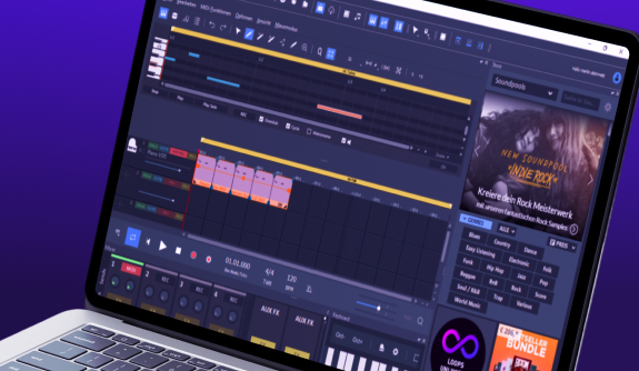Creating beats using loops and the MIDI editor Laptop screen with MUSIC MAKER user interface
