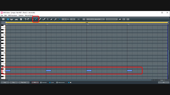 Pencil tool and kick drum notes Notes in the MIDI editor