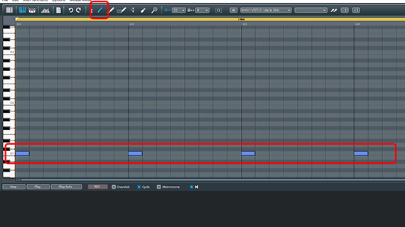 MIDI editor with the pencil tool and and kick drum notes Open the MIDI editor, select the pen tool and draw notes