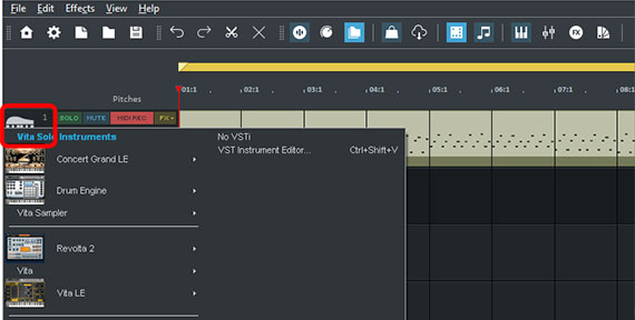 Select VST instrument Open the VST selection menu by clicking on the instrument symbol