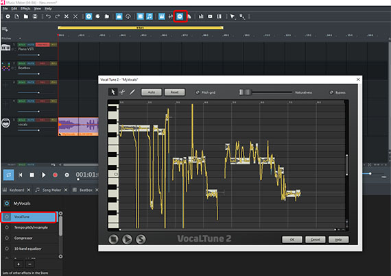 The Vocal Tune user interface in the object effects Open Vocal Tune in the object effects