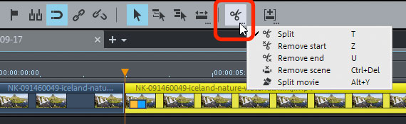 Trimming videos using special functions Opening the cut menu using right-click
