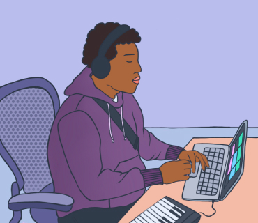 Lo-Fi Beats Comic style drawing of a man with headphones in a purple hoodie sitting in front of a laptop