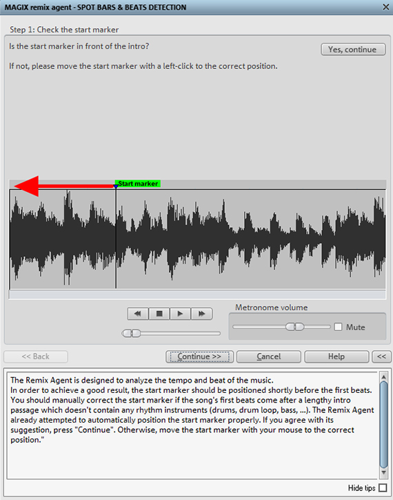 Remix Agent (Step 1): Moving the start marker Placing the start marker for beat analysis in the Remix Agent