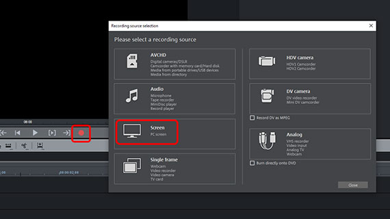 Open screen capturing dialog Record button and screen capturing dialog