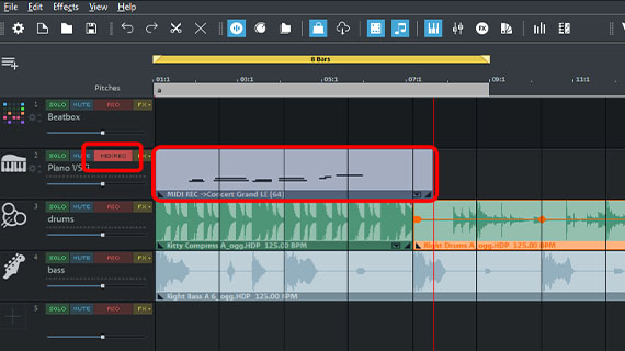 "MIDI REC" button and piano recording Recorded material in the arranger track