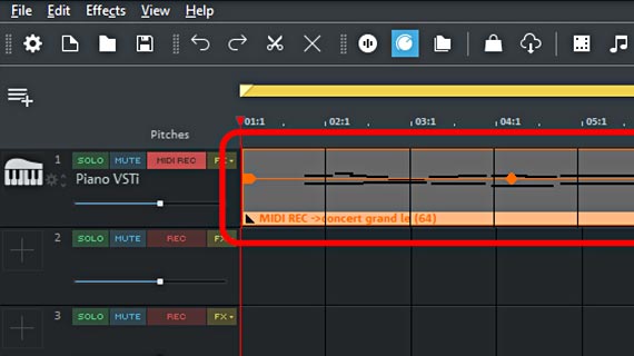 MIDI recording on a track Recorded MIDI notes
