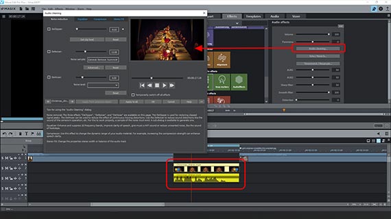 Audio cleaning dialog for the selected audio track Select an audio track - open audio effects in the Media Pool - activate "Audio cleaning"