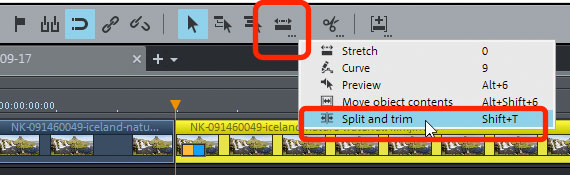 Select the mouse mode to split and trim the video Select "Split and trim" mouse mode