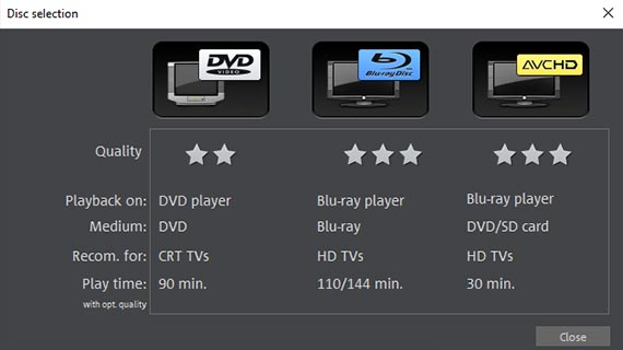 Disc selection Select the type of disc: DVD, Blu-ray Disc™ or AVCHD