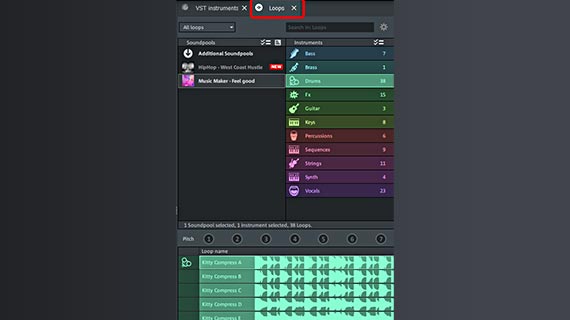 Media Pool in the "Loops" view Selecting Soundpool loops in the Media Pool