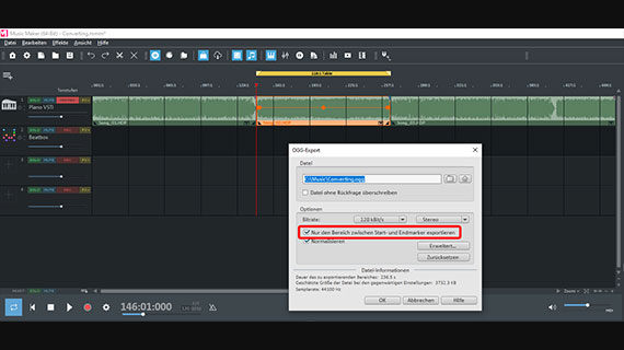 Area export in the OGG export dialog Set options in the export dialog