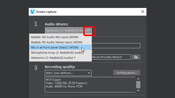 Select recording source in screen capturing dialog Set recording source