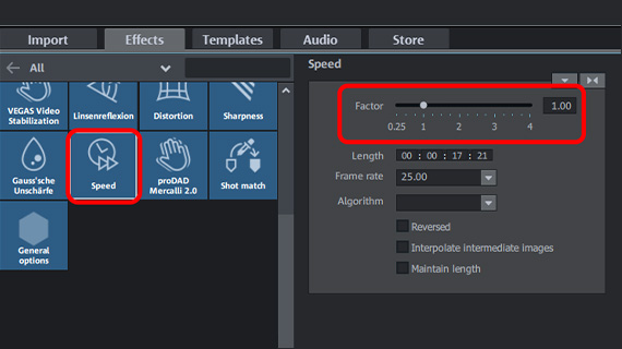 Slow motion & time lapse "Speed" effect dialog