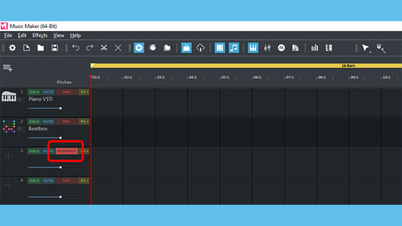 Switching a track into the recording mode Switching the red button on the left in the track header into the "AUDIO REC" mode