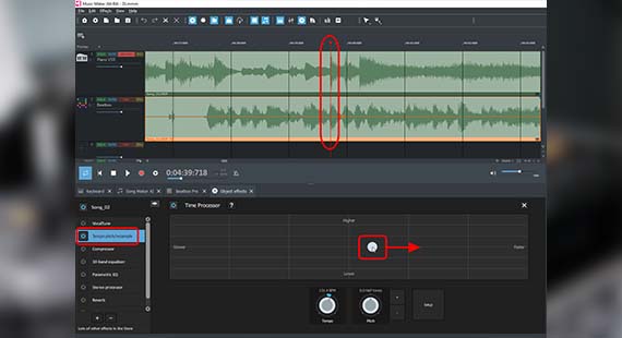 Time stretching: Track 2 is slowed down slightly Synchronize beats with time stretching
