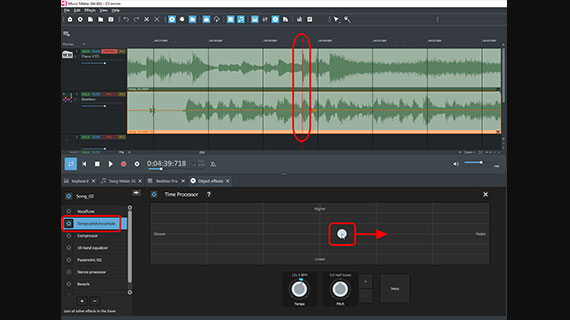 Time stretching: Track 2 is slowed down Synchronize beats with time stretching
