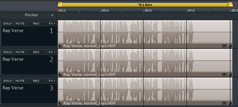 Copying two times the vocal take Three takes with wave form
