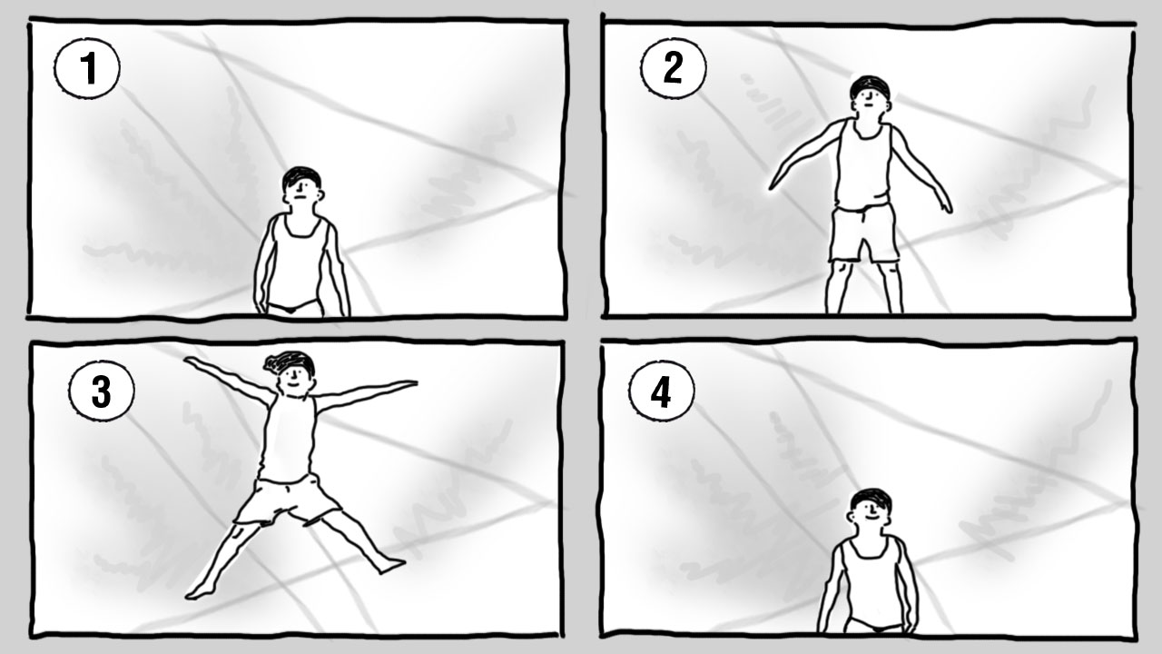 Storyboard for green screen recordings Storyboard with 4 frames for a boy jumping against a blue sky