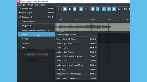 Exporting a podcast WAV and OGG export in the "File" menu