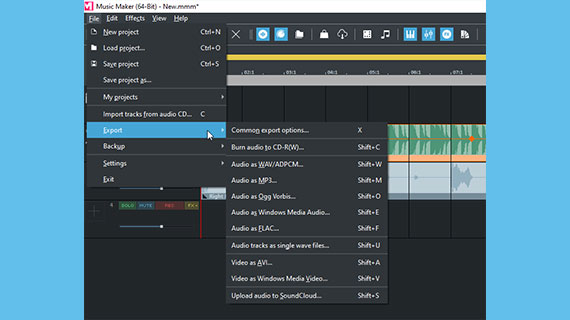 Exporting your music productions WAV or OGG export in the "File" menu