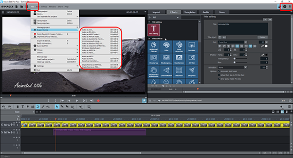 Text in video: Export options Export to file / burn to disc / upload / transfer to smartphone