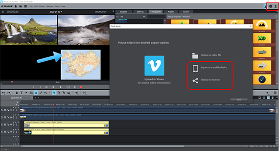 Export split screen video to smartphone or upload it to the Internet "Finish movie" dialog