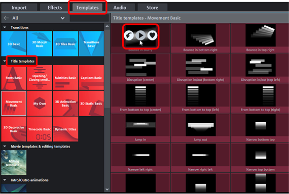 Inserting text in video: Selecting a template Pop-up window