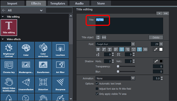 Video text editor "Title editing" dialog