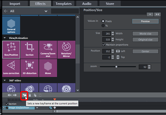 Place keyframe Keyframe animation using "Size/Position"