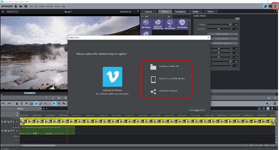 "Finish movie" dialog Add music to video: Export