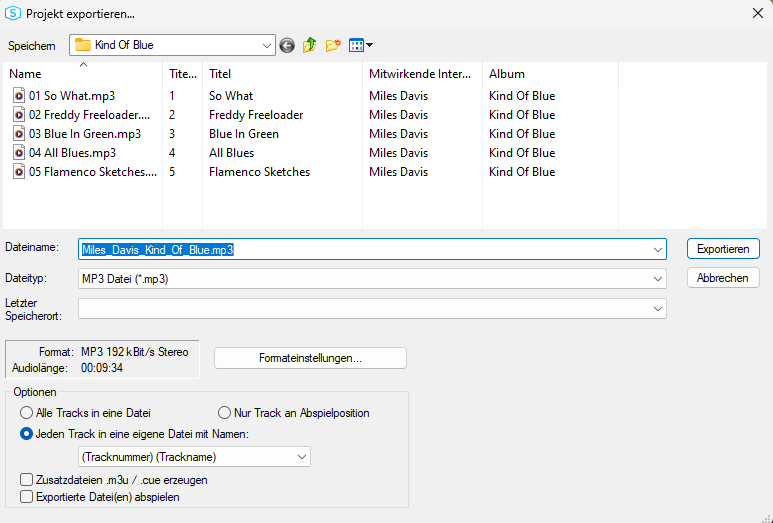 Changing Format settings and Target folder "Export project" dialog