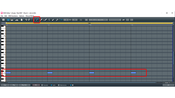 Compiling the burn list Draw notes for the kick drum with the pen tool in row C1 of the MIDI editor