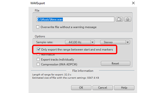 WAV export dialog The export dialog with options for exporting the playback range